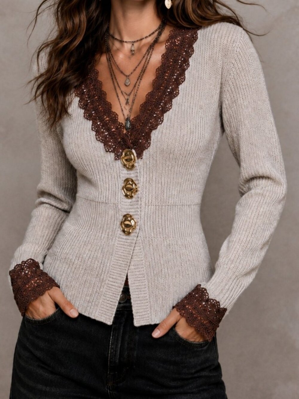 Khaki Elegant Women's Rib-Knit Deep V Neck Button Cardigan